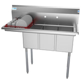 45 in. Three Compartment Stainless Steel Commercial Sink with Drainboard, Bowl Size 10"x 14"x 10" SC101410-12L3.